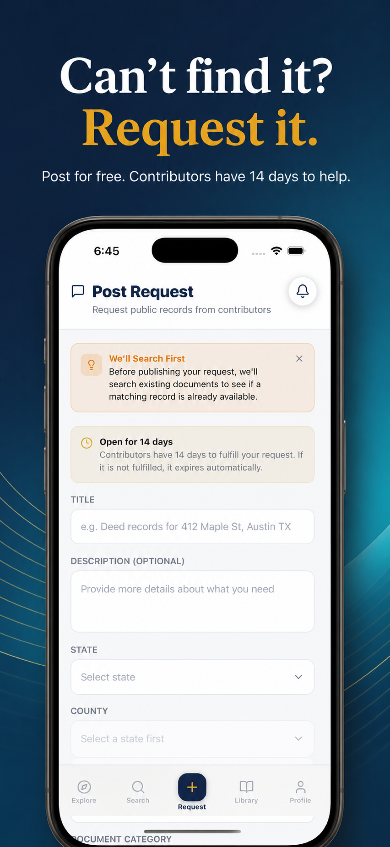 DocumentXchange request screen for a hard-to-find record